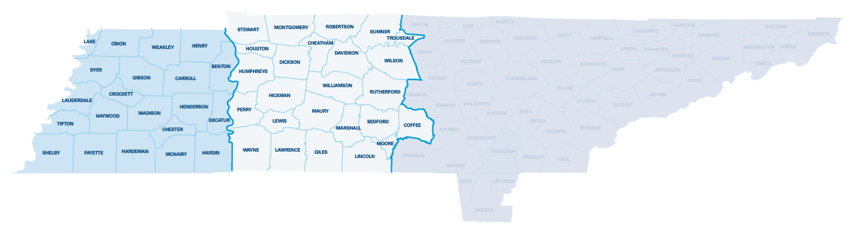Map of Counties in the West & Central Regions of Tennessee