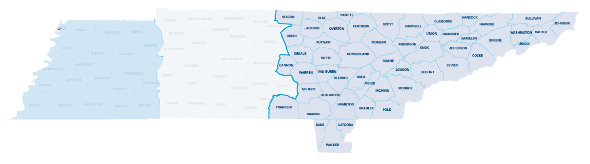 Map of Counties in the East Regions of Tennessee