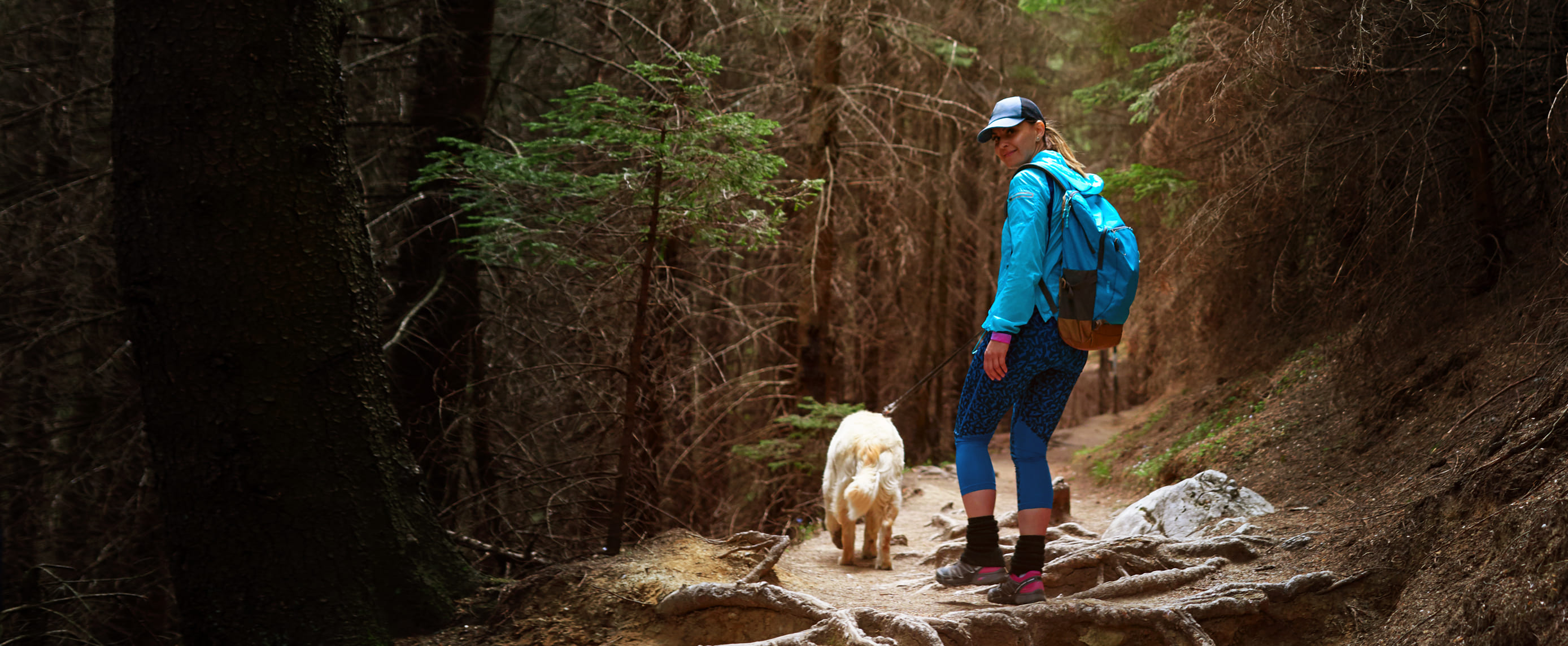 A lady hiking in the woods with her white dog